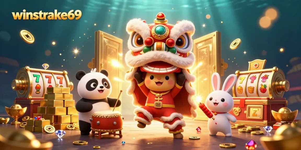 Winstrike69 showcases a vibrant casino scene with lucky characters and sparkling treasures.