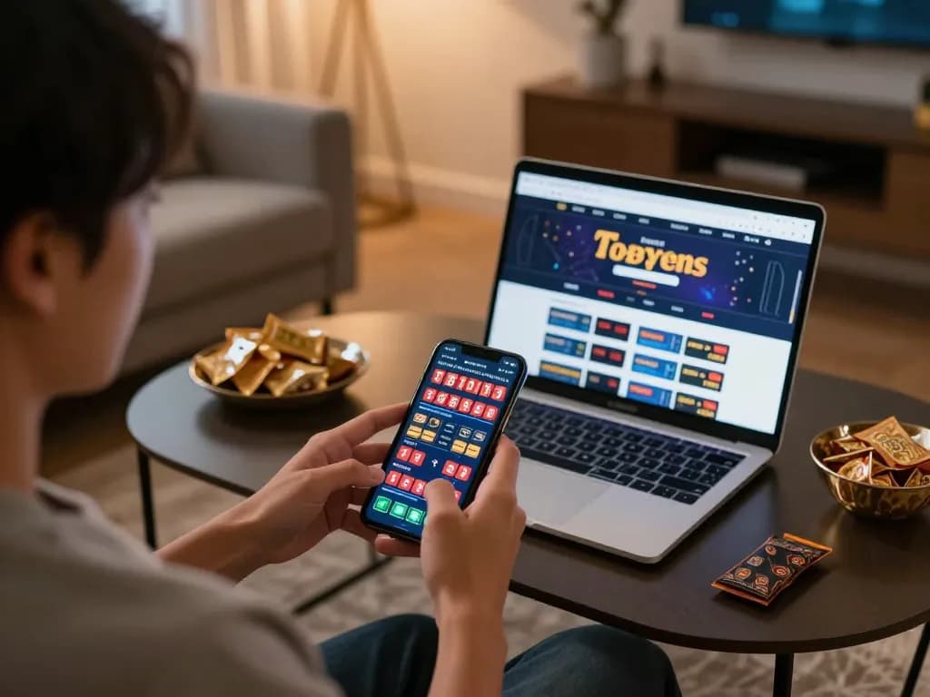 Engaging in toto togel betting via smartphone in a cozy home environment.