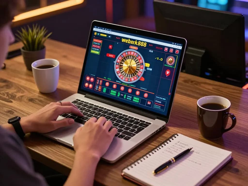 Person playing live casino games at webnk88 on a laptop, showcasing interactive gameplay.