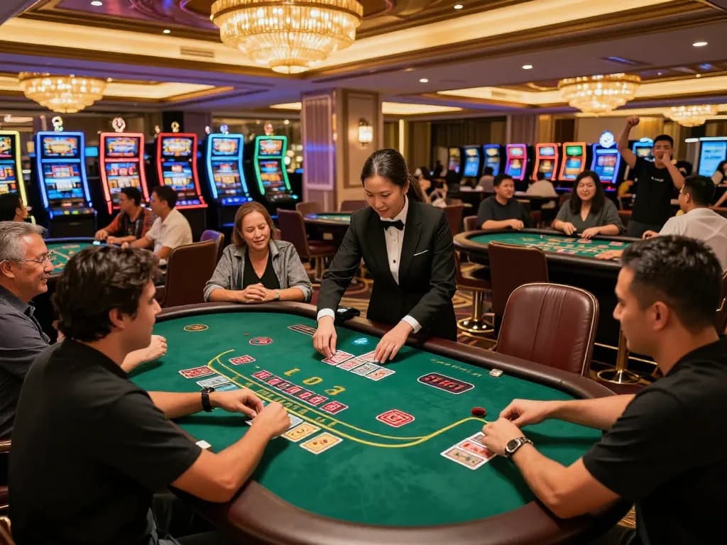 Experience thrilling gameplay at a trang casino with players at blackjack tables and vibrant slot machines.