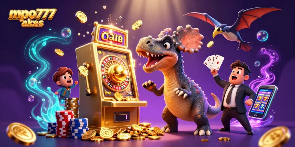 Experience the excitement of mpo777 akses with a cartoon dinosaur at a slot machine.