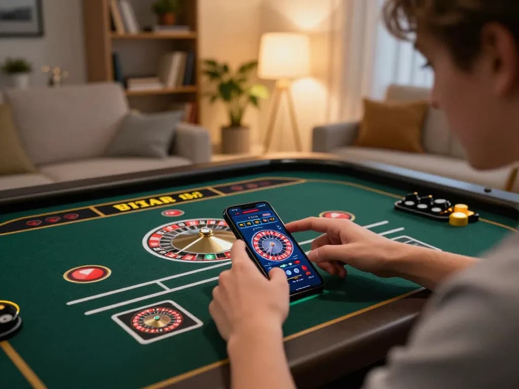 KJC player enjoying mobile casino gaming on a smartphone in a cozy home environment.