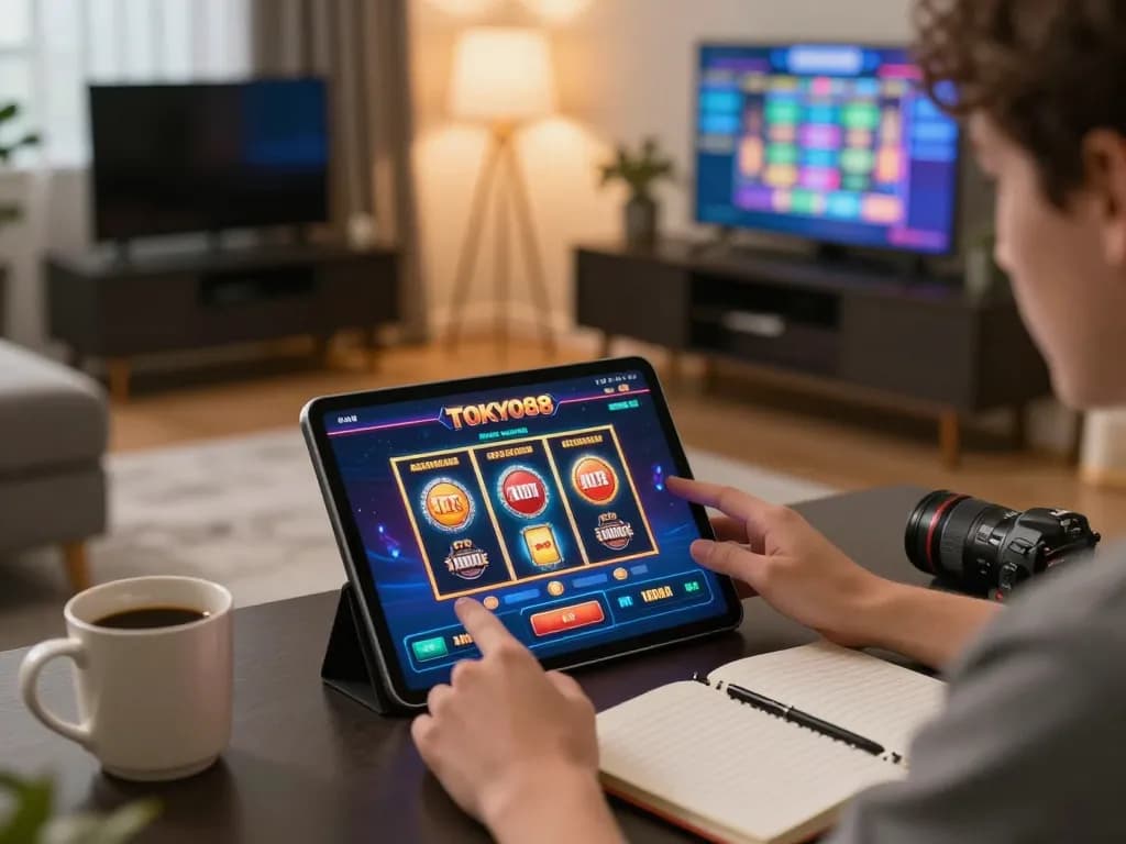 Suasana menarik dengan aplikasi TOKYO88 di tablet dalam pengaturan rumah yang nyaman, menunjukkan pengalaman bermain game online