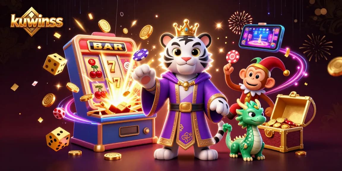 Kuwinss's captivating scene features a white tiger, monkey juggling chips, and a jade dragon amid vibrant casino action.