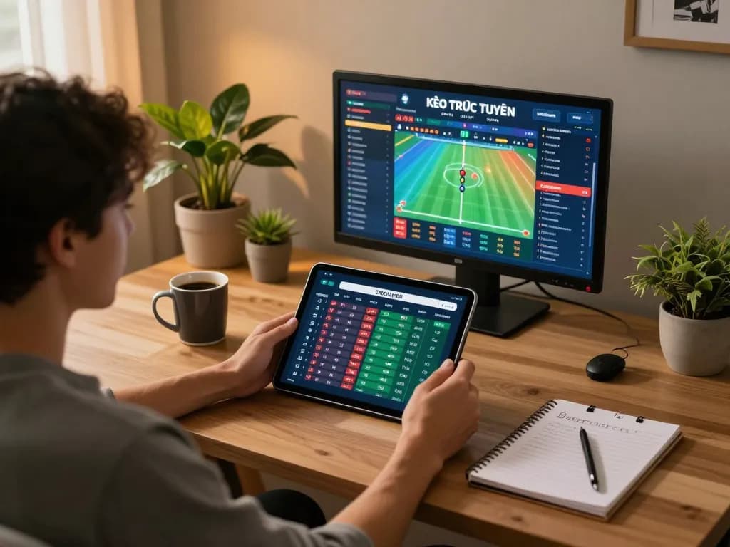 KÈO TRỰC TUYẾN user analyzing betting odds on tablet, showcasing a strategic and engaging home gaming environment.