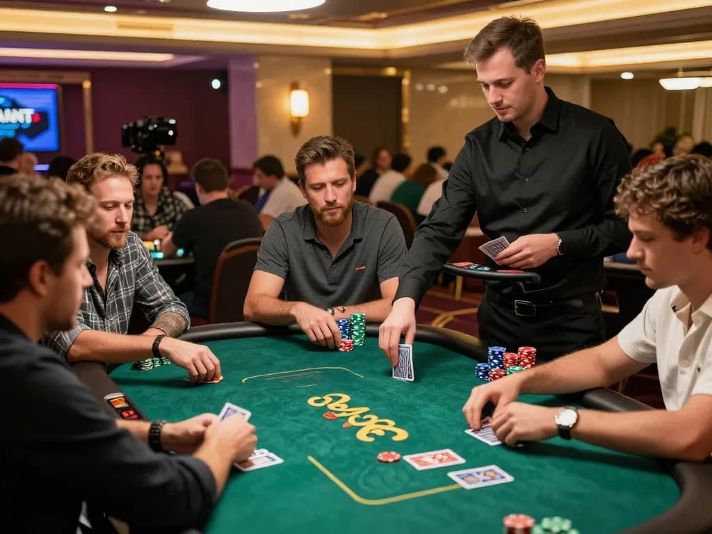 Suasana meja poker yang meriah dengan pemain terlibat dalam permainan strategis di situs game AMAN788.