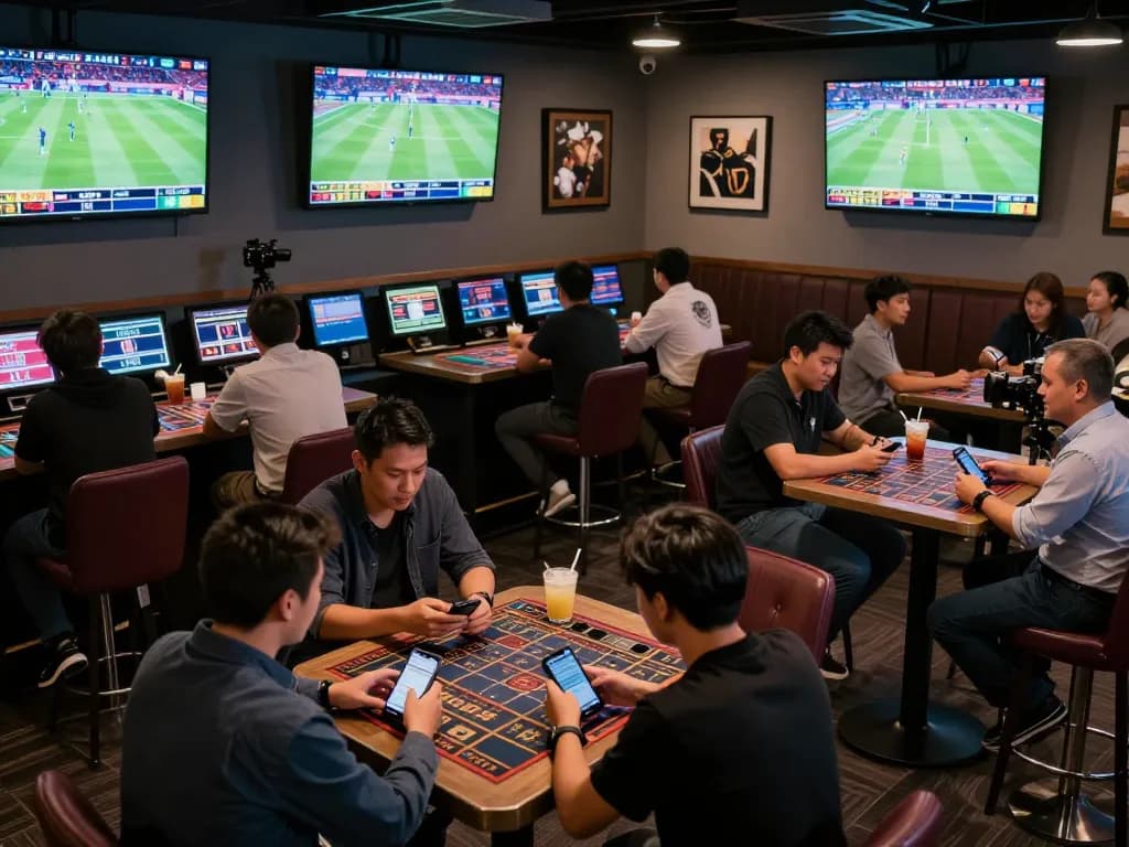 Gamblers engaging in sports betting excitement at 789 sports lounge.