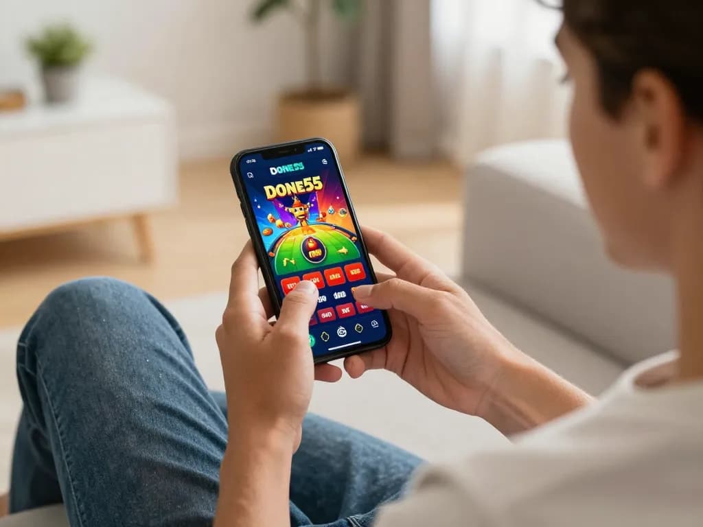 Player enjoying the done55 mobile app while seated on a stylish sofa at home.