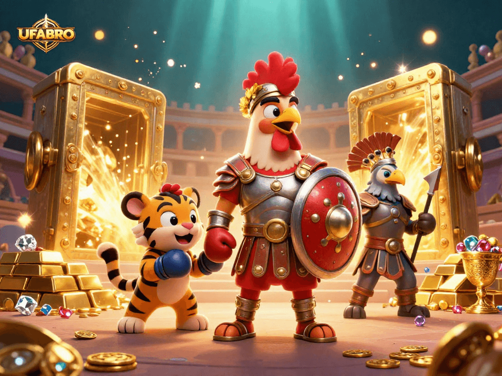 Bet on UFABRO with a thrilling 3D gladiator scene of exciting casino elements.