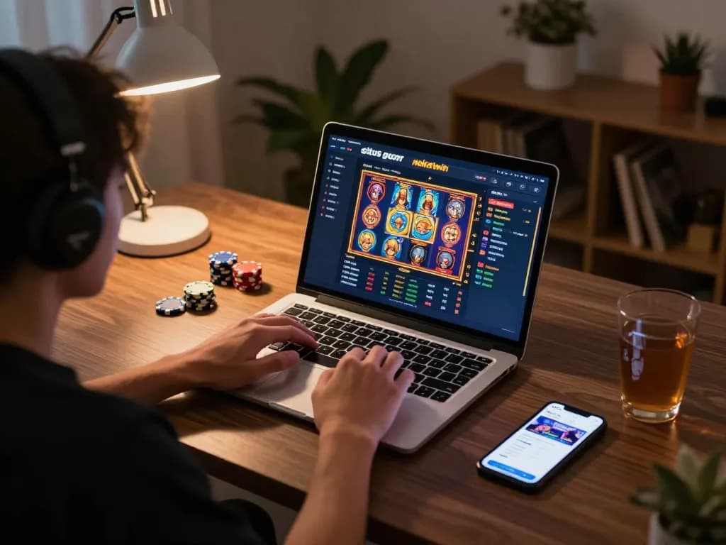 situs gacor nekatwin online gaming experience with engaging slot games on laptop screen and smartphone app.