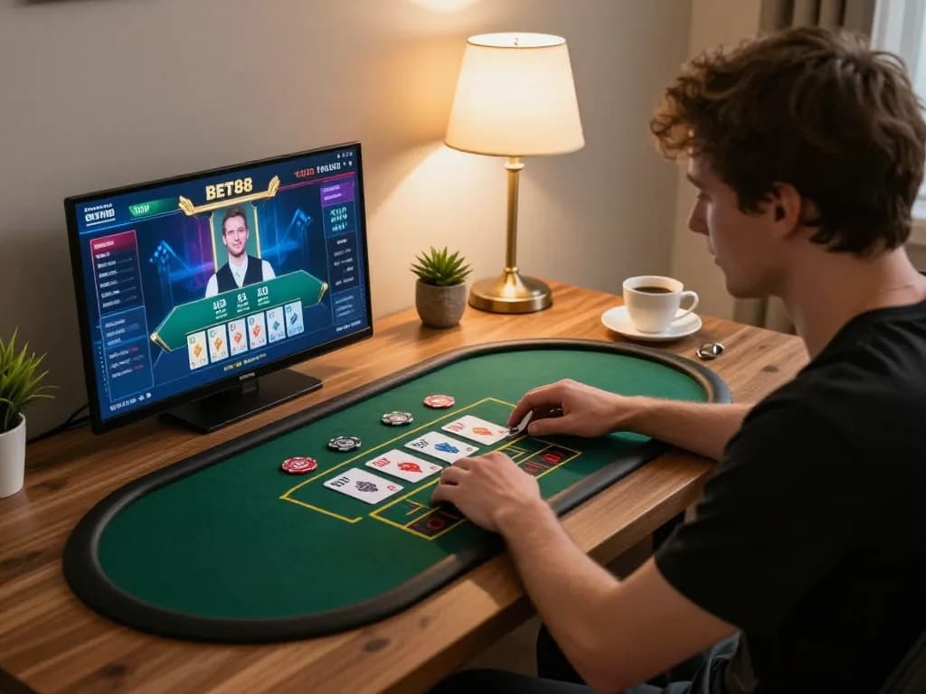 Engaging in a live dealer game on BET88 with strategic focus and personal setup.