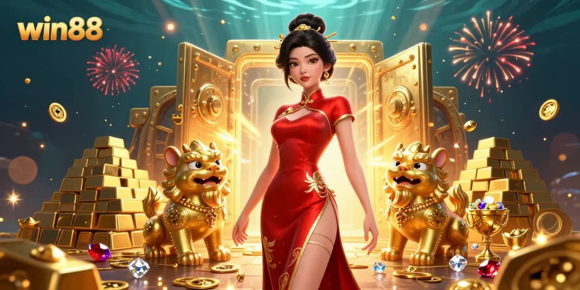 Experience the excitement of win88 with a stunning Asian-themed casino scene showcasing treasures and vibrant fireworks.