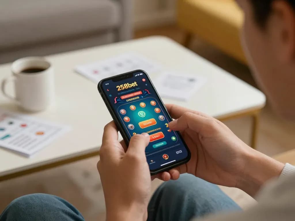 Engaged player using the 258bet app on smartphone, enjoying a responsible gaming experience at home.
