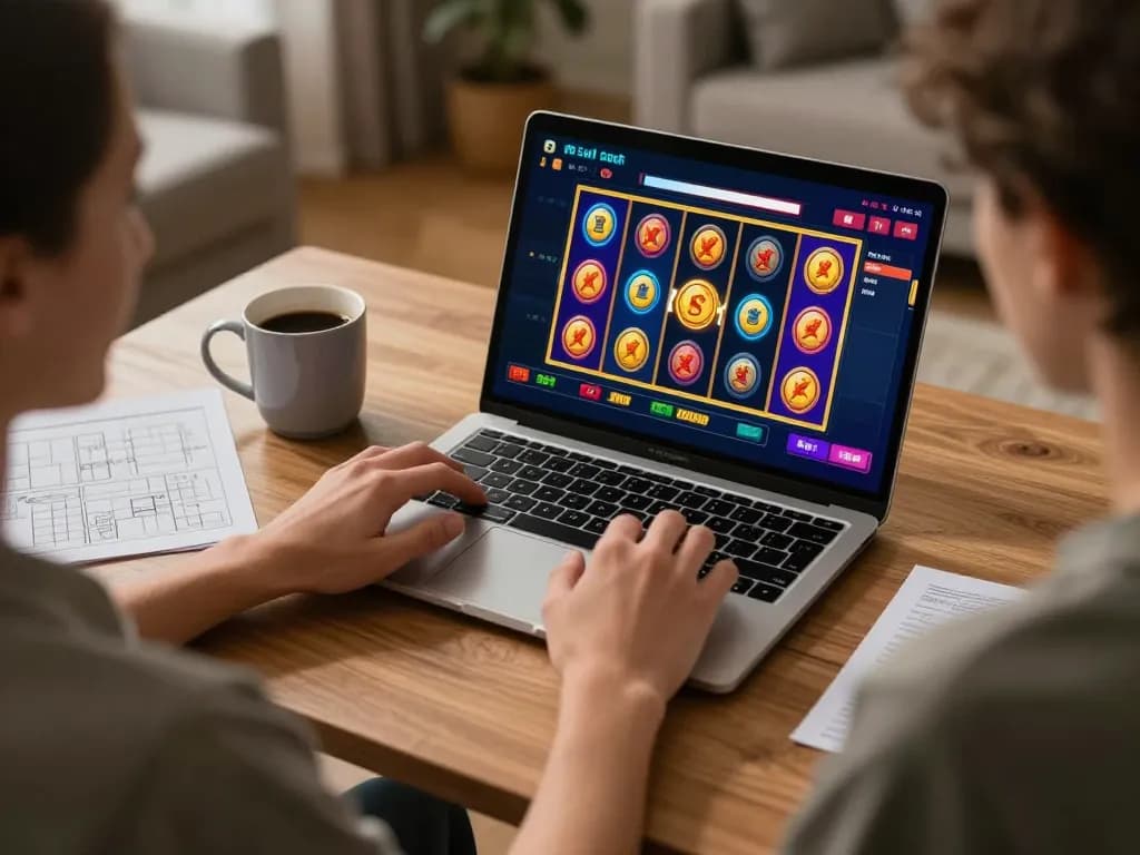 Berpartisipasi dalam demo slot PG Soft mirip asli dengan antarmuka permainan berwarna-warni di laptop, menunjukkan permainan yang bertanggung jawab
