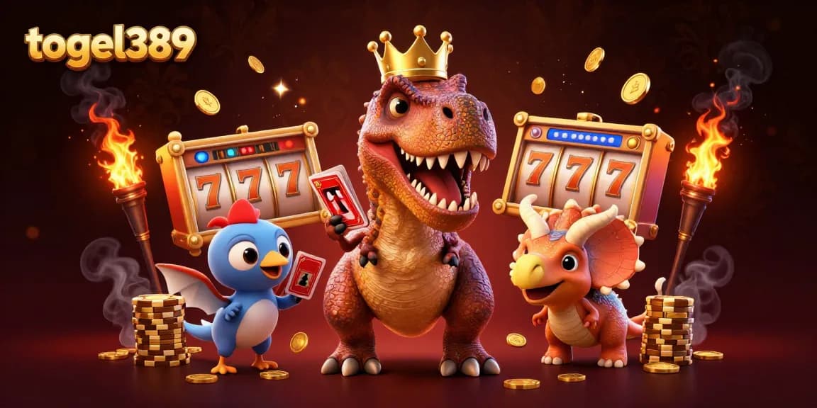 Togel389 enhances gaming luck with playful T-Rex and friends amid vibrant casino elements.