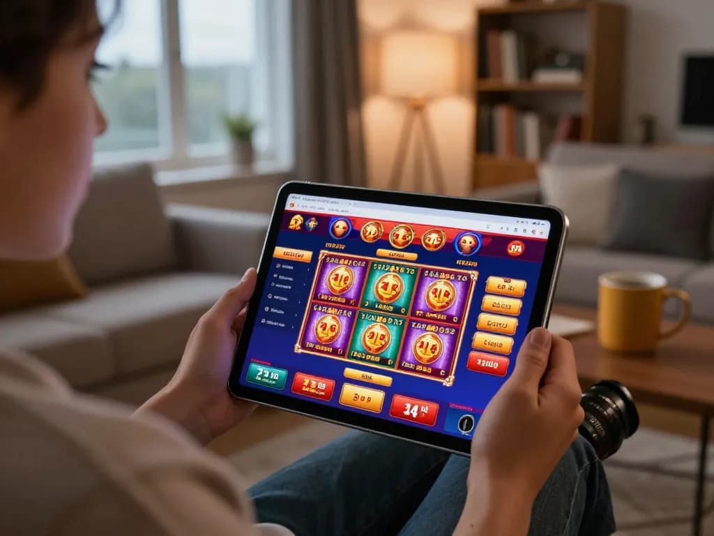 Engaged player enjoying Canada online casinos on a tablet, showcasing colorful slot games in cozy home setting.