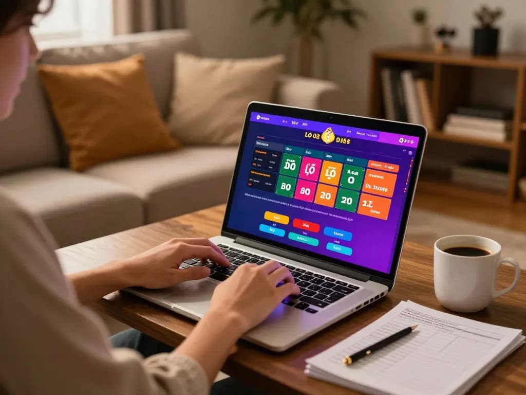 Lô đề online gaming session with a player enjoying a comfortable home atmosphere, laptop displaying betting interface.