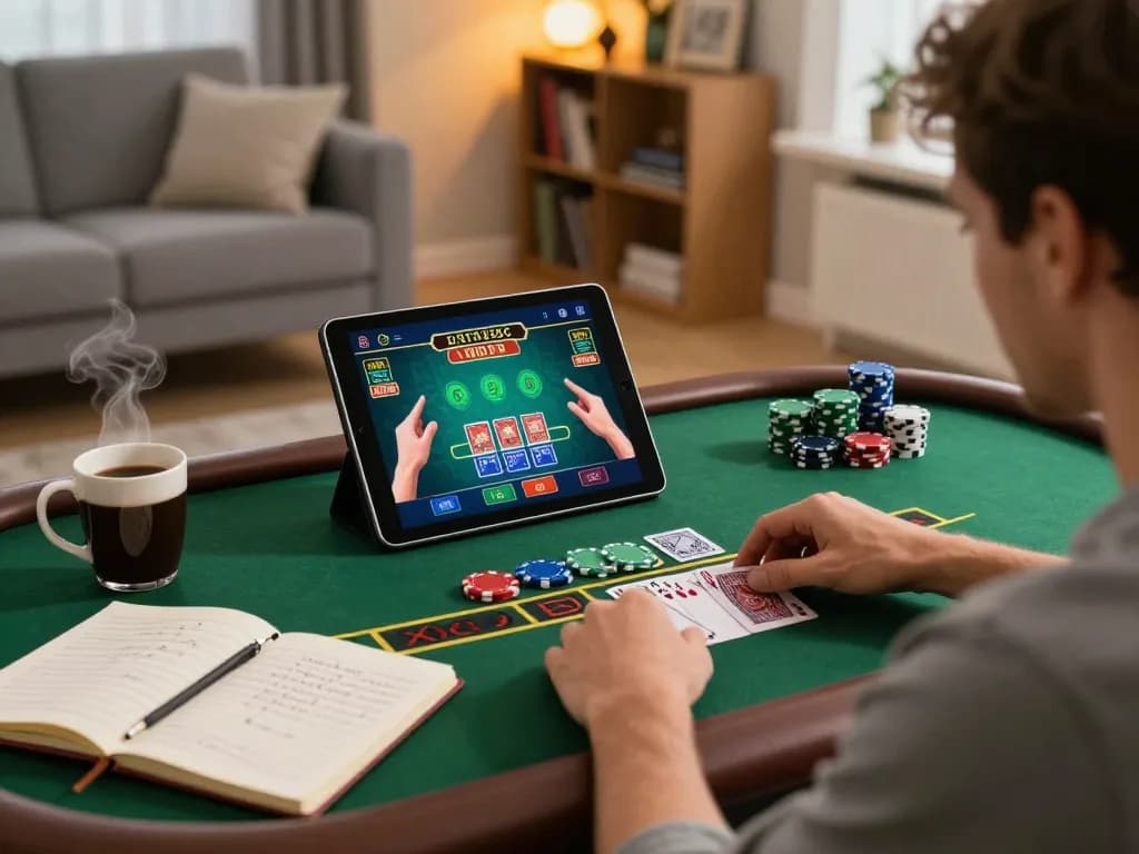 Engaging in strategic gameplay on F8BET with live dealer blackjack on a tablet in a cozy setting.