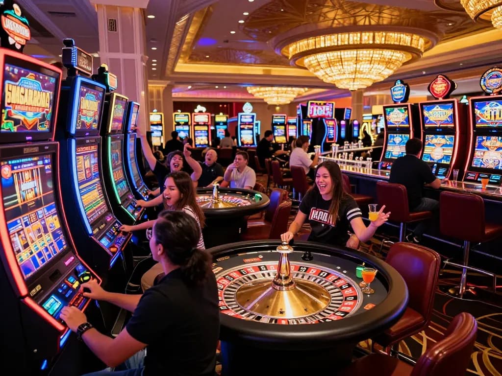 Players enjoying Chatgpt caricature slot machines in a lively Las Vegas casino.