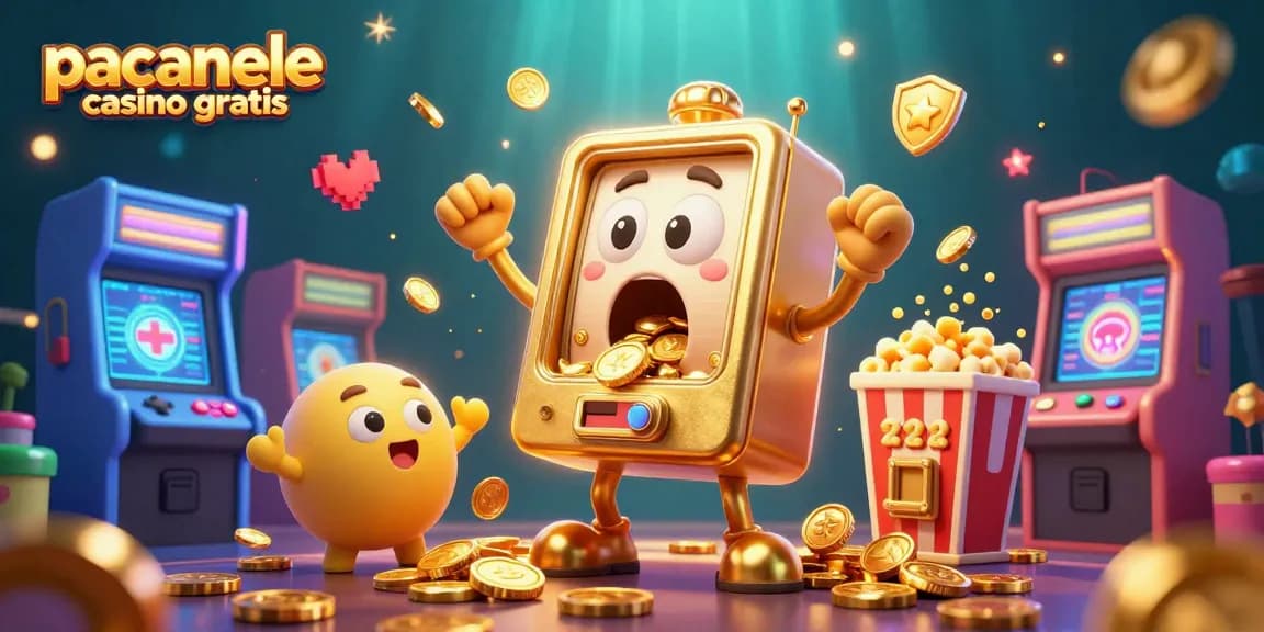 Păcănele casino gratis: o mașină de sloturi aurie care lovește jackpotul și cheamă bucuria, înconjurată de jocuri vibrante.