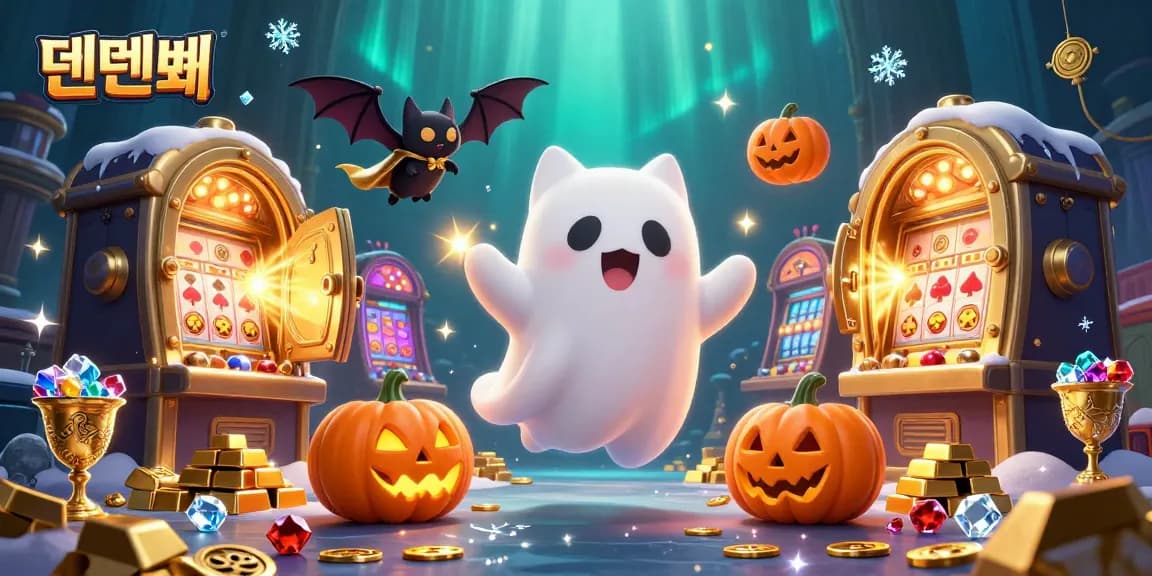 Engage in thrilling games at 텐텐벳 with a ghost cat and bat in a vibrant haunted casino scene.