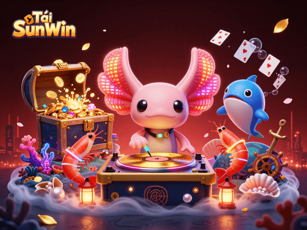 Tải SunWin brings excitement with a neon axolotl DJ and colorful ocean-themed casino scene.