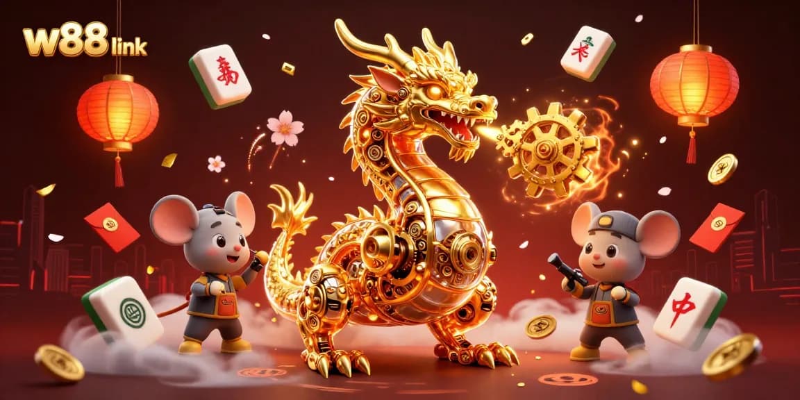 Elevate your gaming experience with w88 link featuring a golden dragon and festive casino elements.