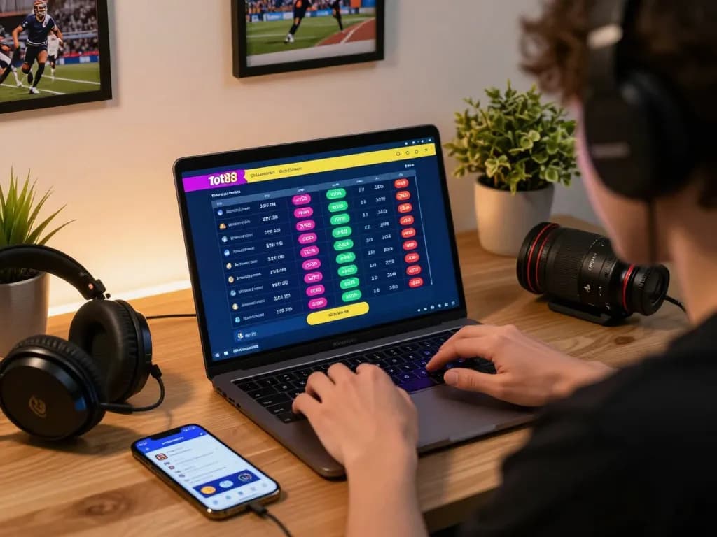 Engaged user playing on the tot88 betting platform in a cozy home office.