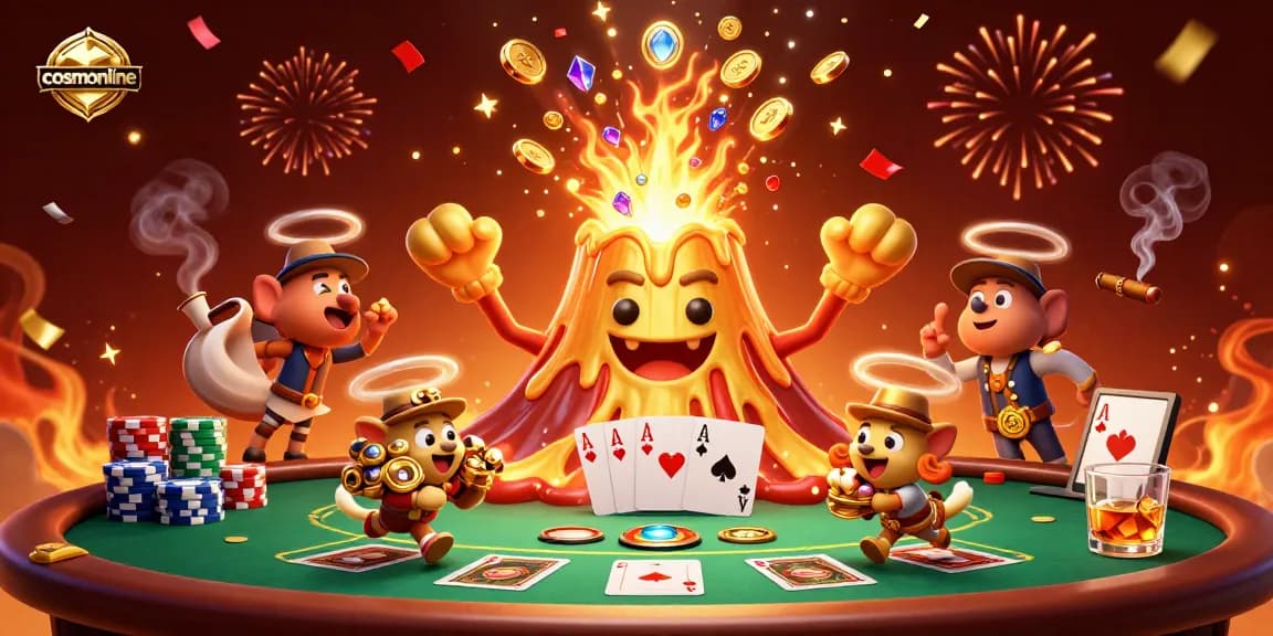 Experience the magic of cosmonline's triumphant volcano casino scene erupting with treasure.