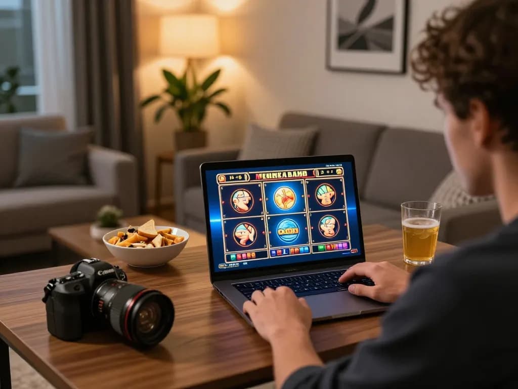 IDCASH88 player enjoying a thrilling online slot game in a cozy living room, showcasing strategic gameplay.