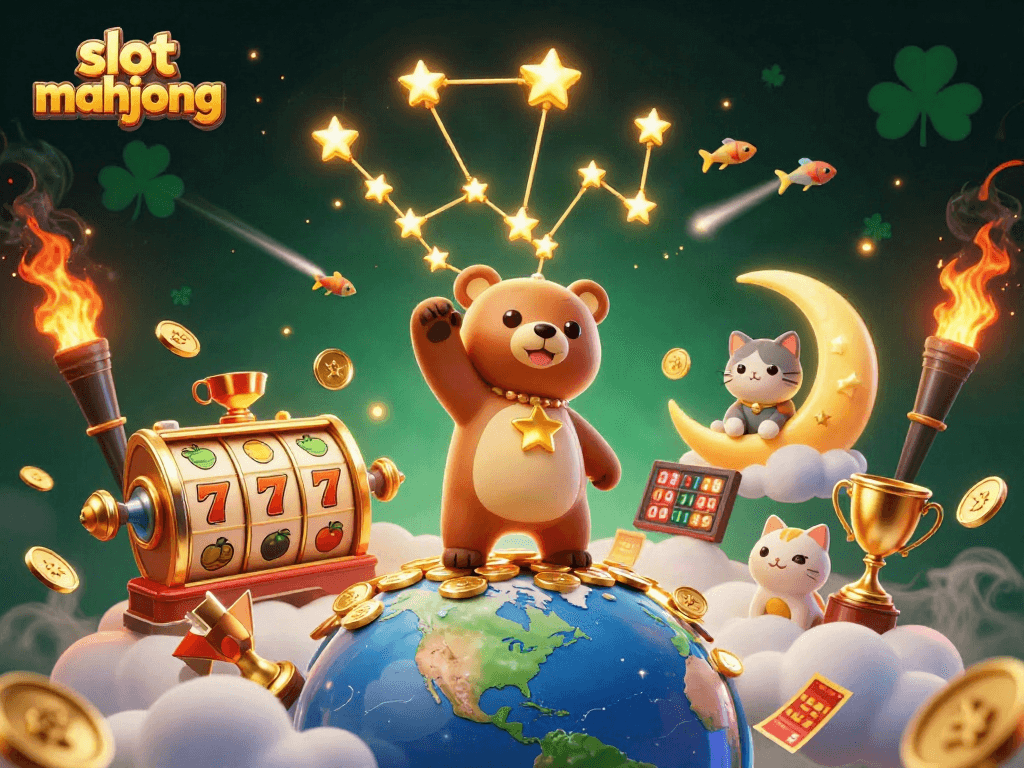 Win at slot mahjong with an immersive 3D casino illustration showcasing vibrant characters and lucky symbols.