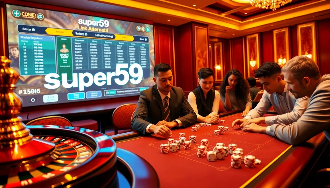 Engage in exciting casino games with the super59 link alternatif as a player bets chips at a vibrant poker table.