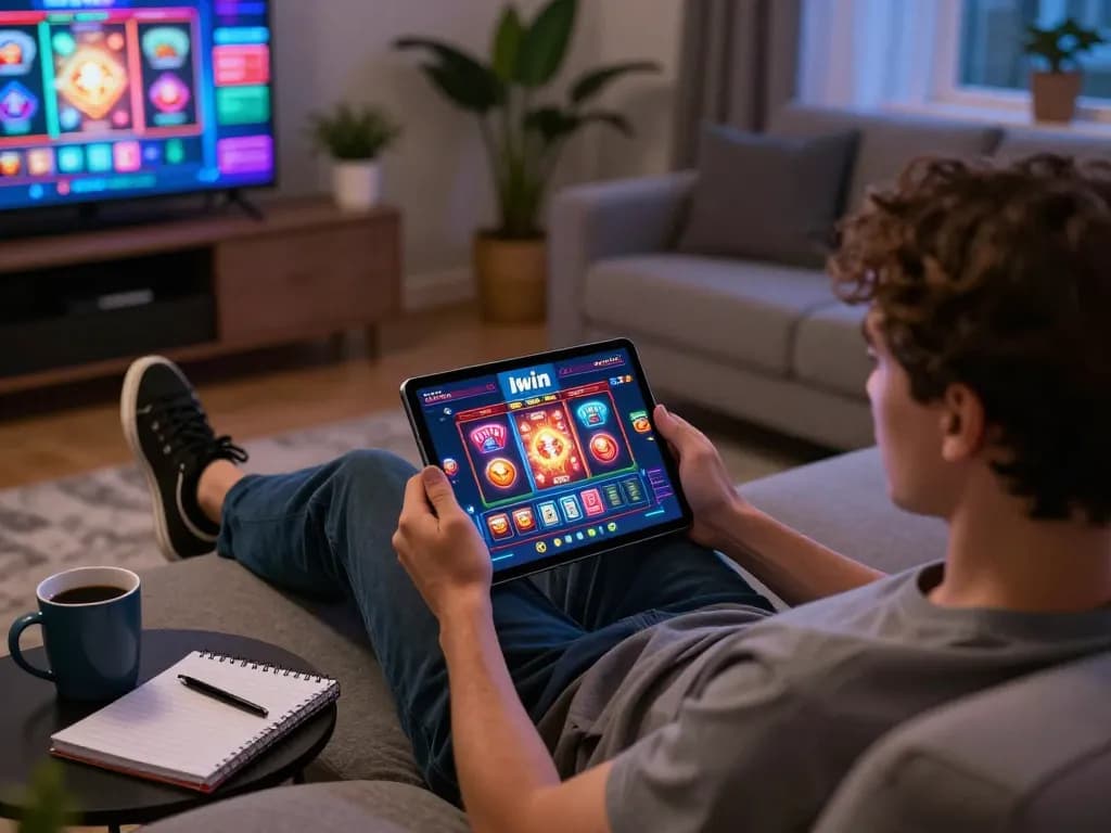 Iwin casino app showcased on tablet during relaxed home gaming session
