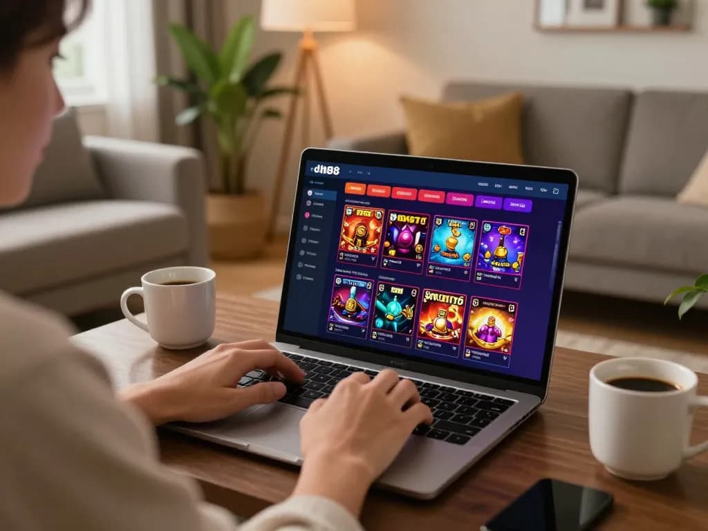 Engaging user playing on dh88 casino app on laptop, showcasing a cozy home gaming environment.