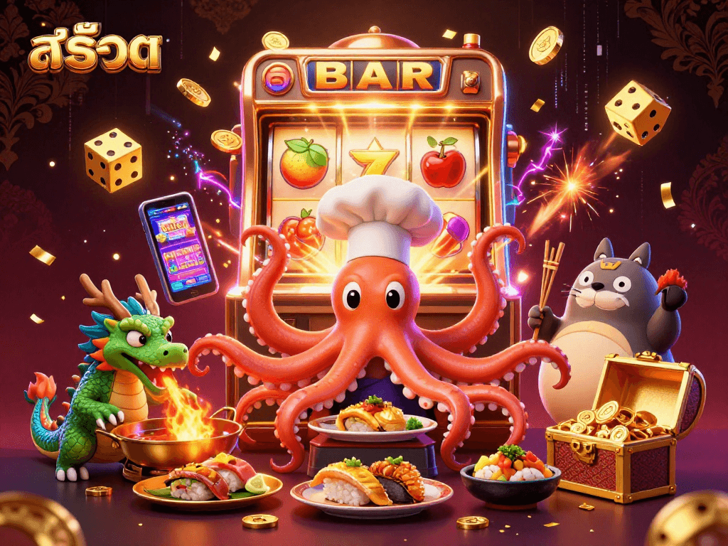Engage with สล็อต as a sushi octopus and a fire-breathing dragon win jackpots together amidst vibrant casino elements.