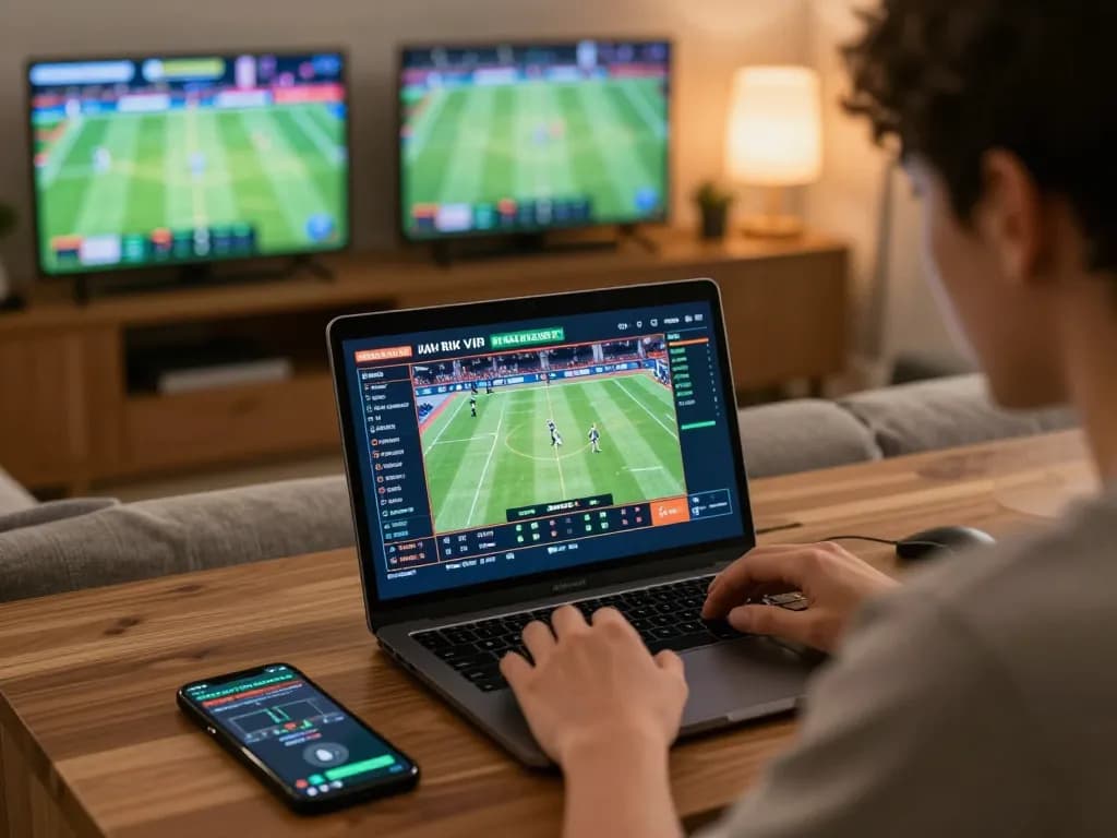 Engaging in live sports betting on rik vip with a laptop and smartphone in a cozy home setting.