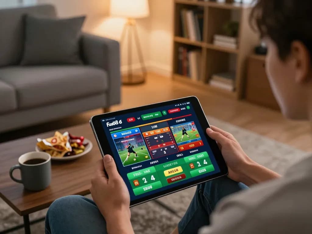 Engaging with fun88 mobile app while placing bets in a modern living room setup.