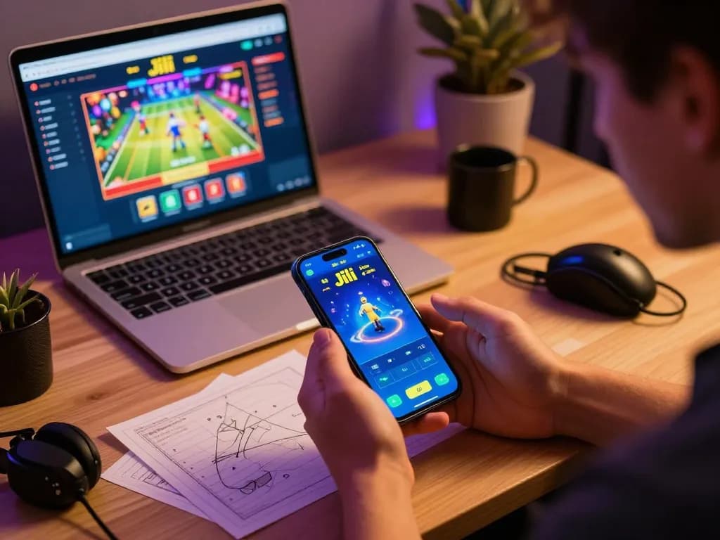 Engaging with the Jili app for online casino gaming on a smartphone, showcasing a vibrant gaming setup.