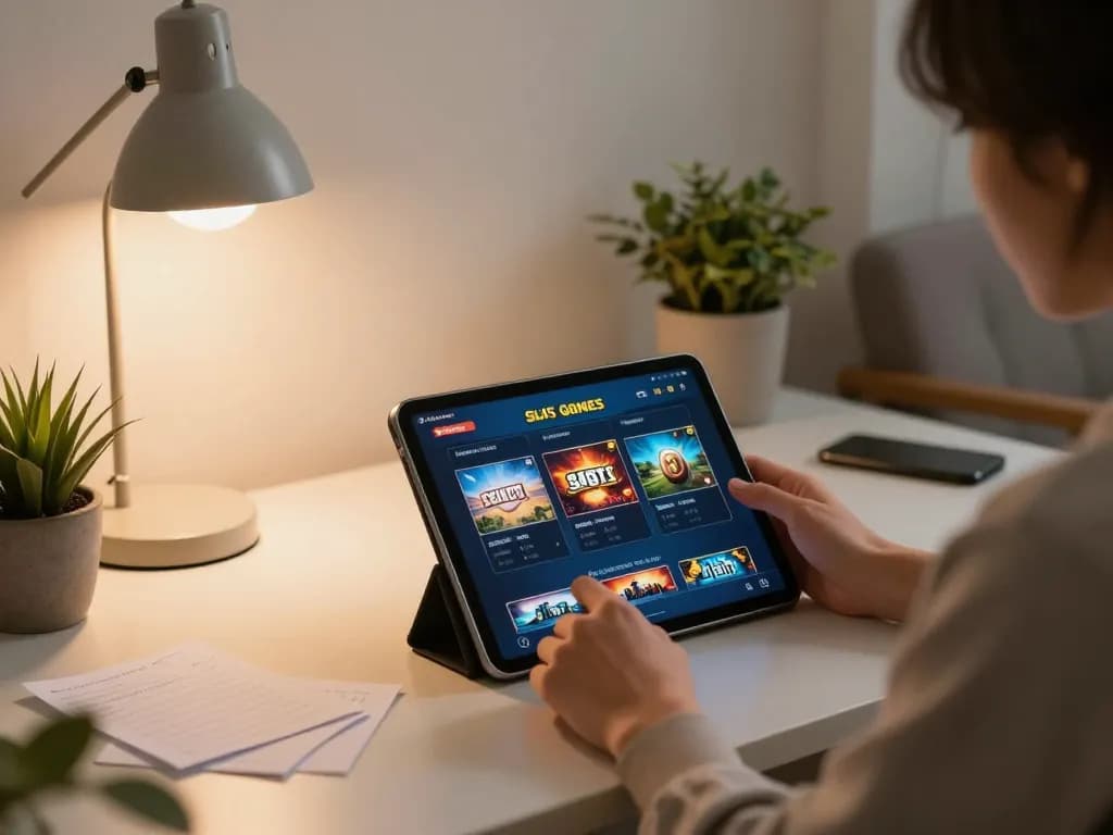 Situs slot gaming on a tablet at home, showcasing strategic gameplay in a cozy atmosphere
