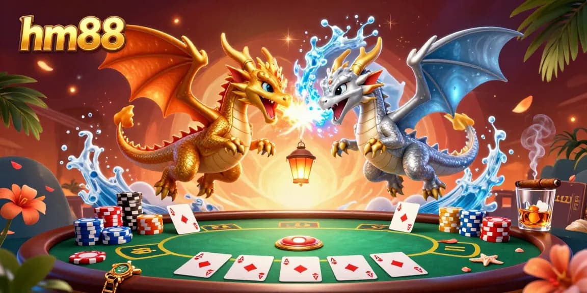 Engage in thrilling poker action at hm88 with dynamic dragons and vibrant casino elements.