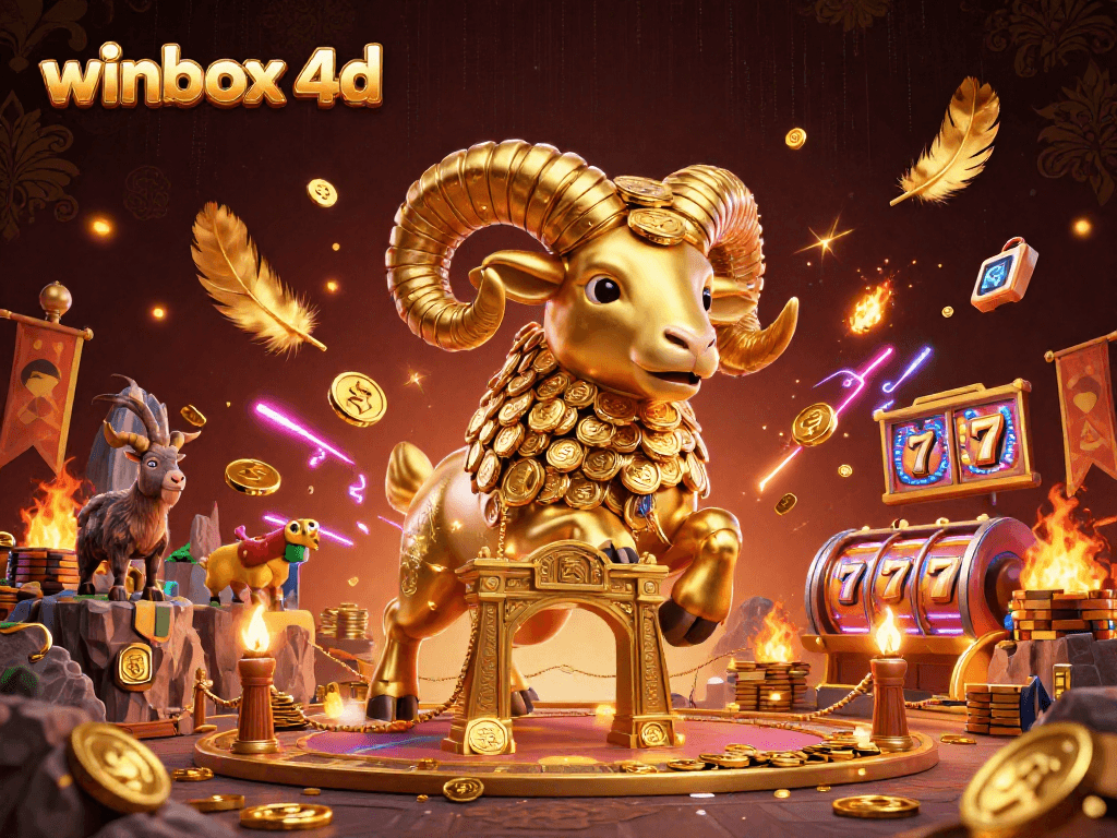 Experience thrilling wins with winbox 4d as a golden ram charges through a vibrant casino scene.