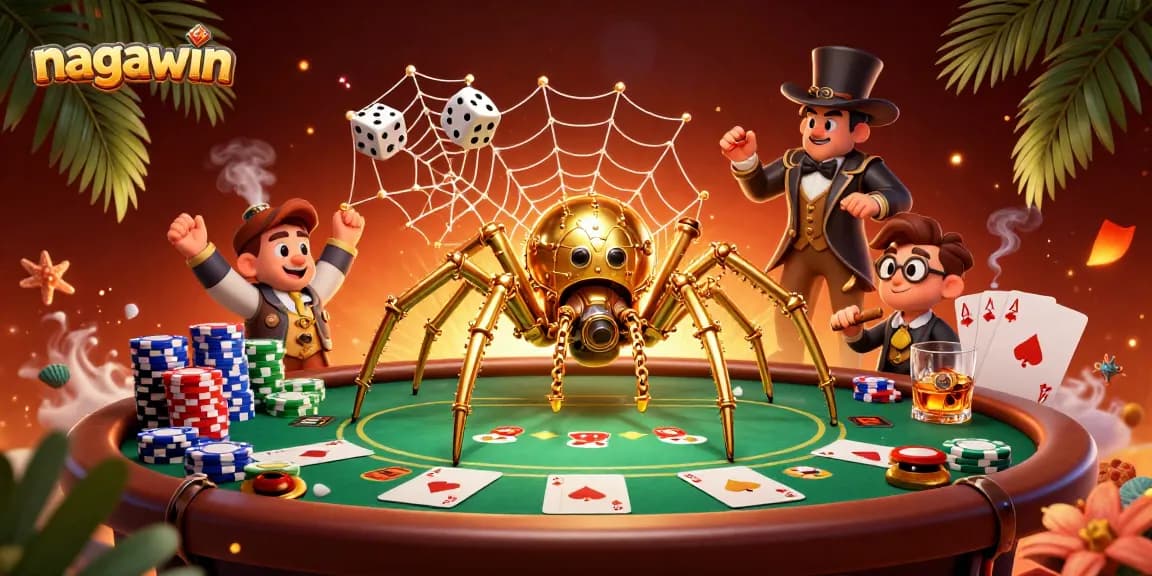 Spin and win at nagawin, showcasing a vibrant steampunk scene filled with poker chips and cards.