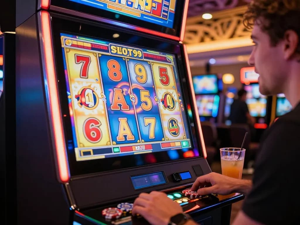 SLOT99 player spinning colorful slot machine reels with vibrant animations and ambient lighting.