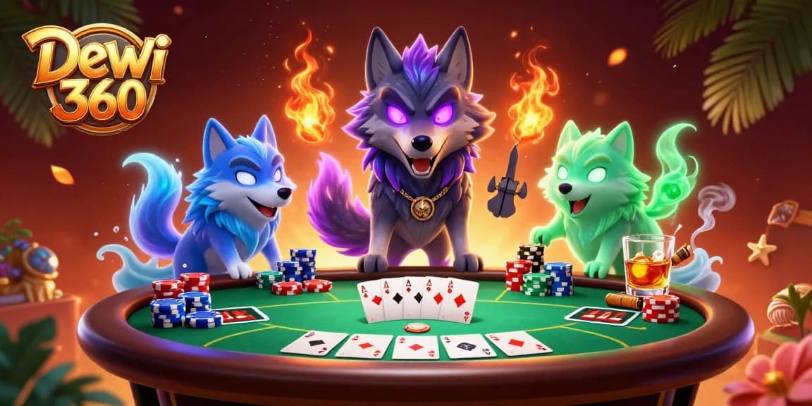 Memenangkan permainan poker dengan Dewi 360, menampilkan karakter serigala dan elemen kasino yang dinamis.