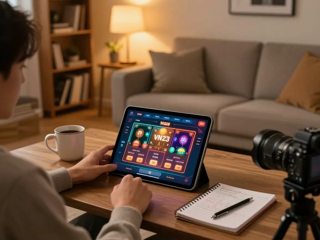 Player engaged in VN23 online casino gaming on tablet, surrounded by strategy notes and a cozy atmosphere.