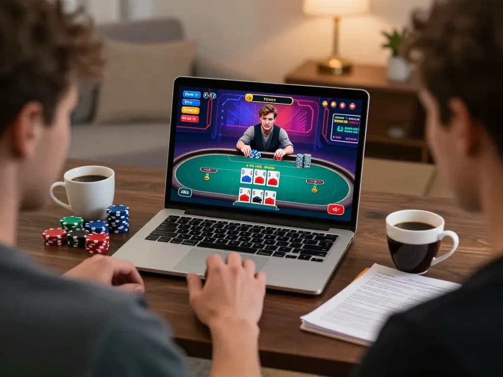 Engaging in online poker gameplay for togel online with live dealer on laptop screen, showcasing player focus and strategy.