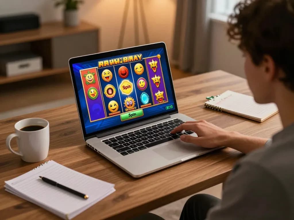 Engaging in slot 5k gameplay on a stylish home desk while enjoying colorful online casino graphics.
