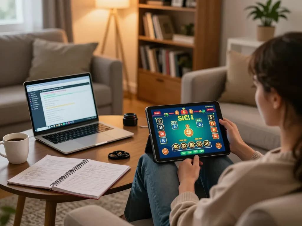 Engaging in live dealer Sicbo on a tablet, showcasing the popular Kasino experience in a cozy home setting.