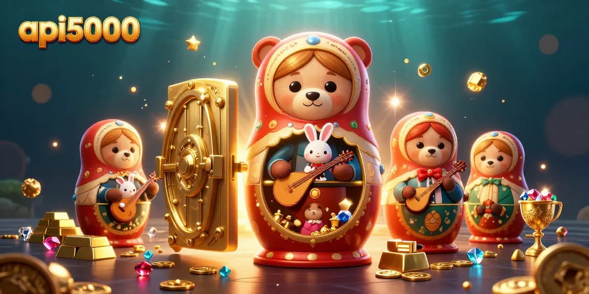 Jelajahi dunia permainan kasino api5000 dengan beruang Matryoshka dan harta karun berkilau.