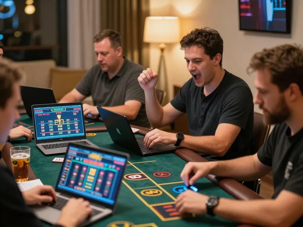Players engaging with live dealer games at MM 99 online casino from home, showcasing excitement.